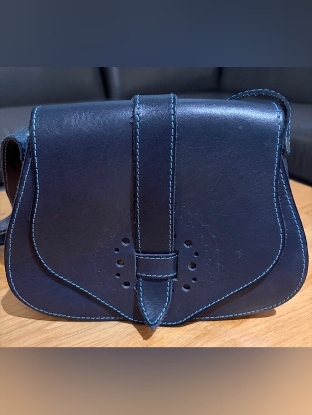 Navy Blue Edo Collection Handmade Saddle Crossbody Leather Bag